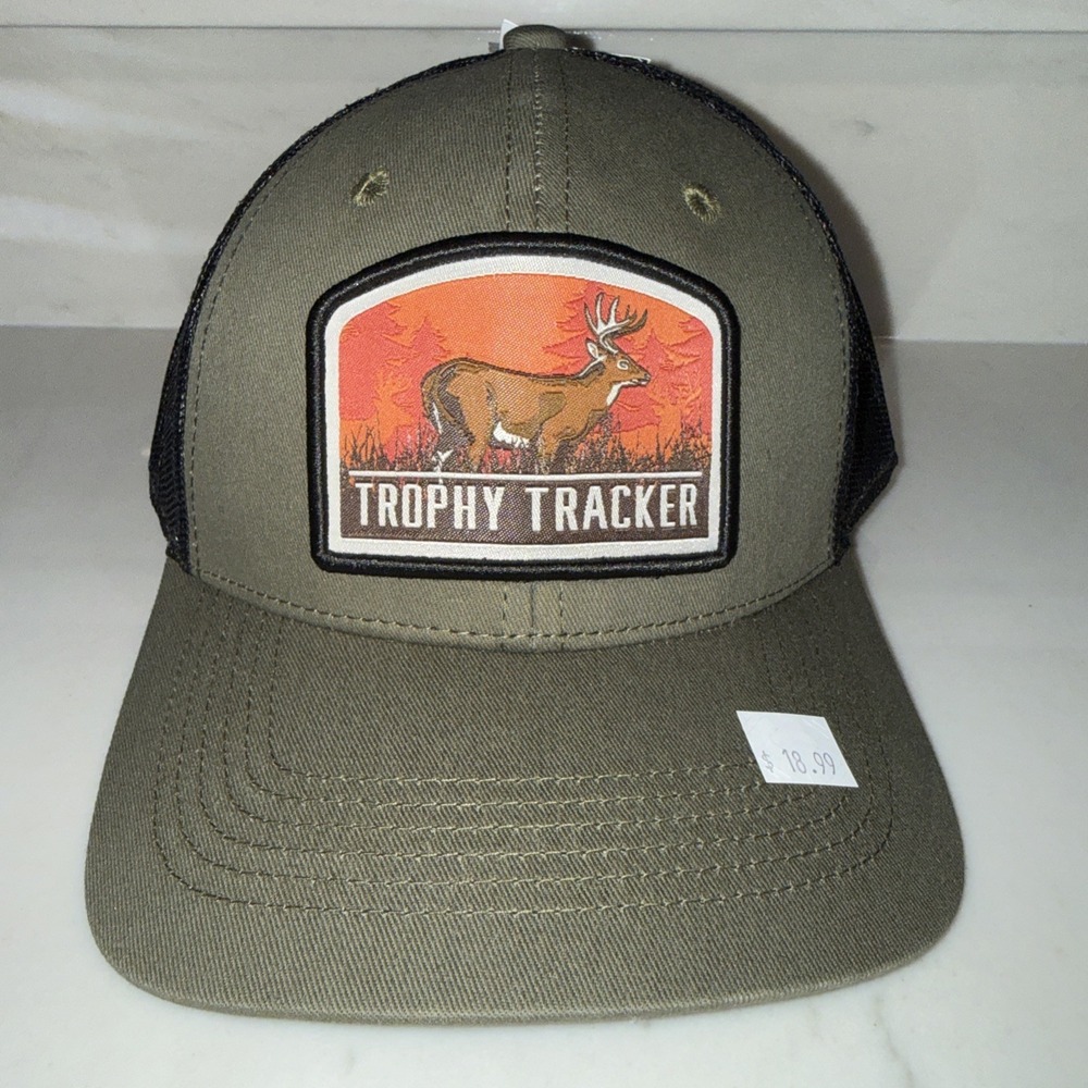 Trophy Tracker Trucker Hat Green Black Mesh Back Snap Adjust Deer